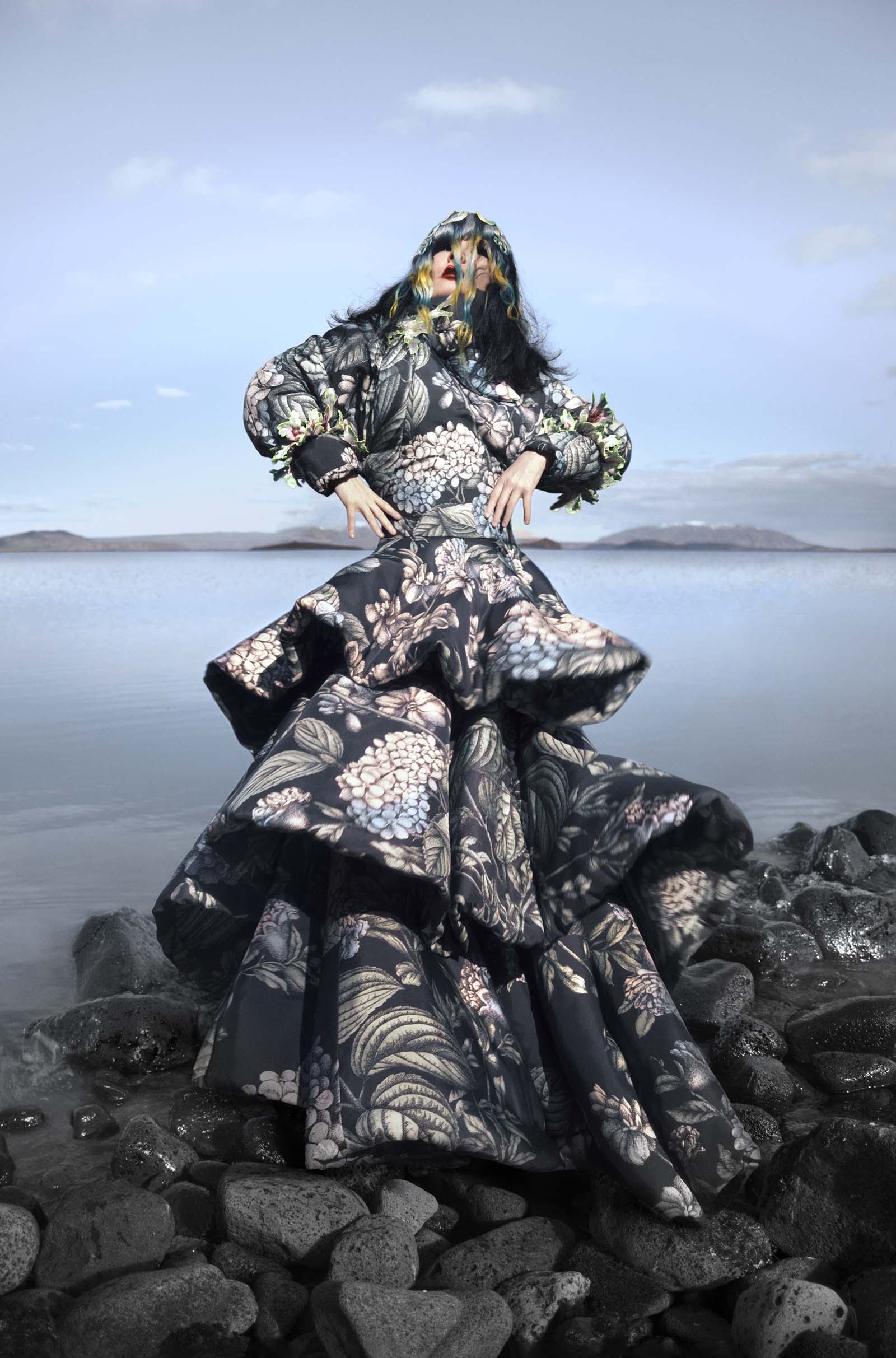 Björk wearing the "Irrlicht" brooch and the "Shapeshifters" bracelets I Photo by Vidar Logi I Styling by Edda Gudmundsdottir I Makeup by Sunna Björk I Dress by Kenzo I Wig by Tomihiro Kono