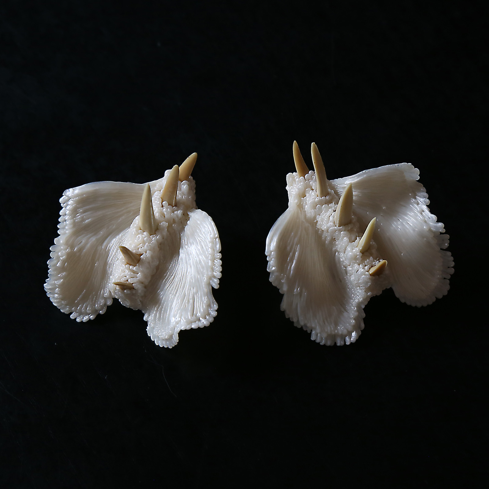 "Ghosts 2"I Earrings, 2020 I PLA, fossil shark teeth, silver I Photo: Carina Shoshtary