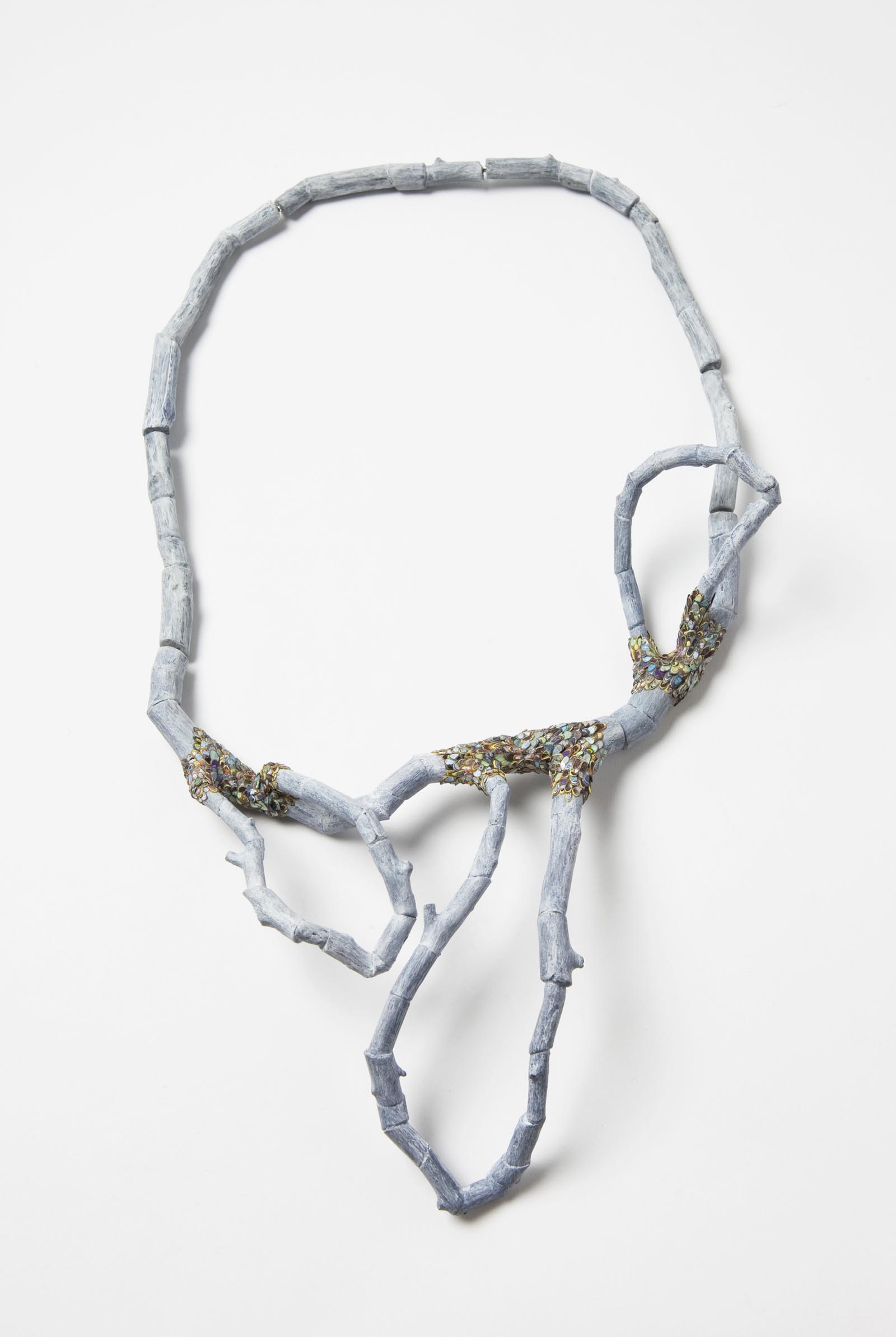 "Confused Branches 1" I Necklace, 2014 I Wood, graffiti, silver, steel wire, paint I Photo: Mirei Takeuchi