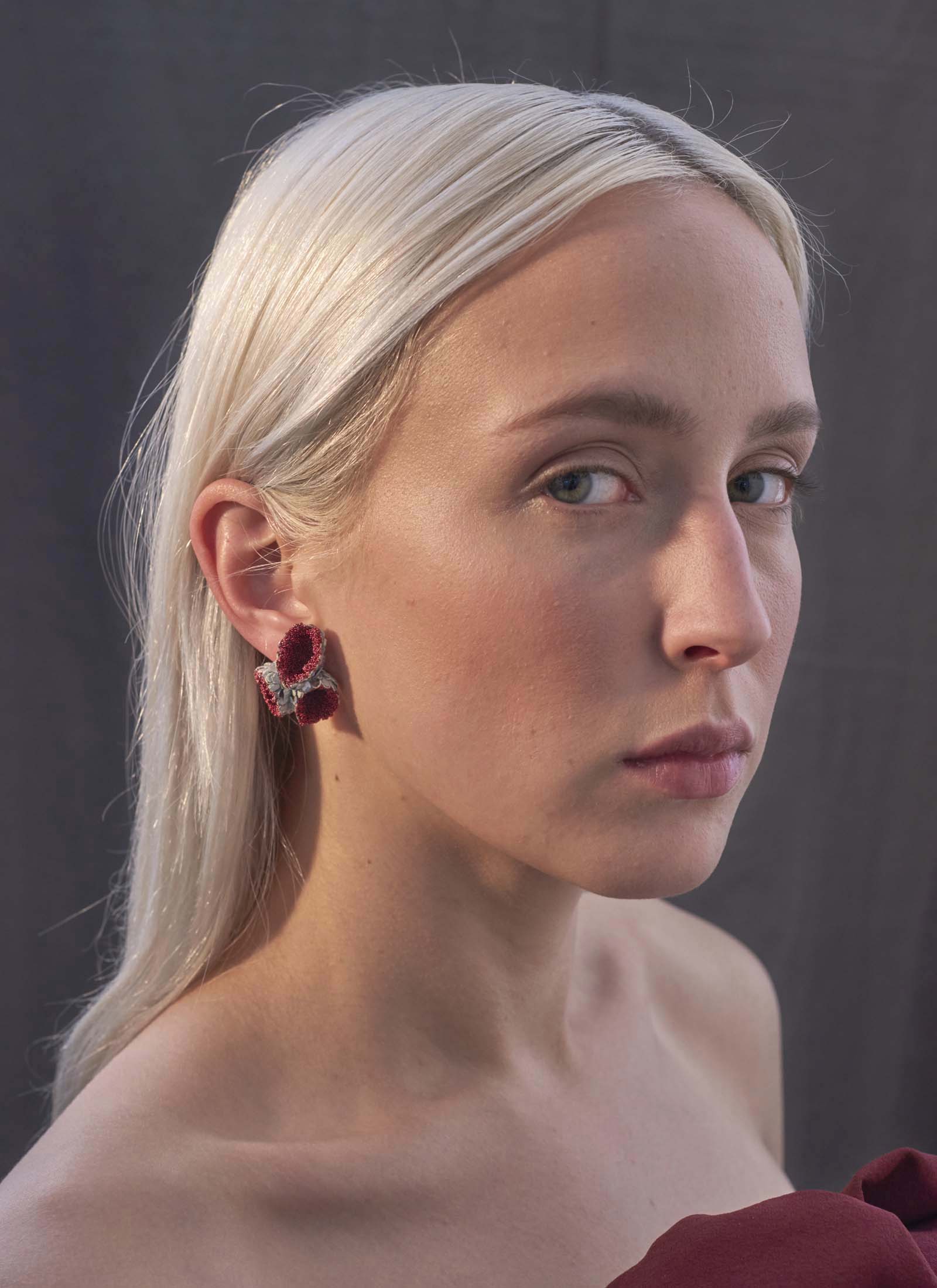 "Posy Shaped Karma Chroma Earrings" I Earrings, 2016 I Graffiti, almond shells, glass, silver  I Photo: Laurens Grigoleit